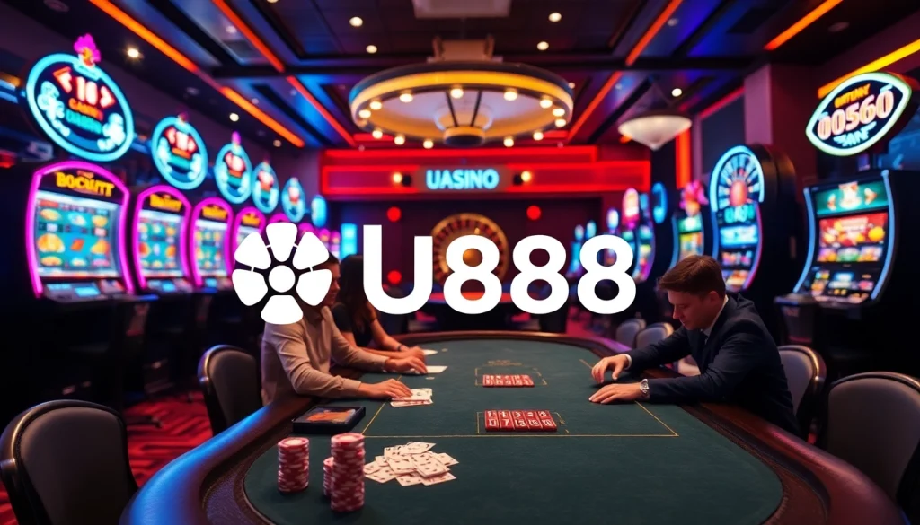 U888 players enjoying a thrilling poker game in a vibrant casino atmosphere.