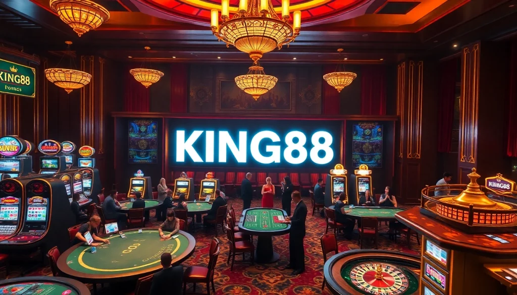 Experience the excitement of KING88 Casino with high-stakes gaming and vibrant slot machines lighting up the atmosphere.