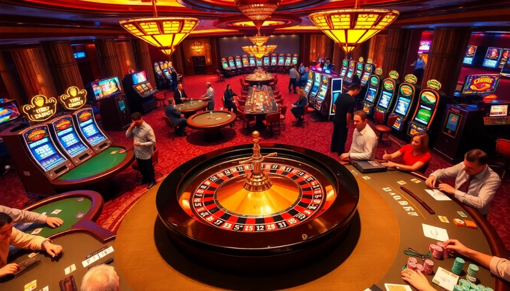 C168 interactive casino scene highlighting slot machines, poker tables, and roulette wheel excitement.