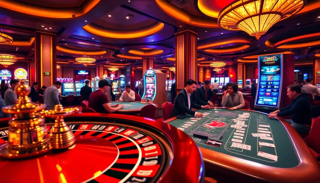 Experience the excitement of OPEN88 COM with players at casino tables and vibrant slot machines.