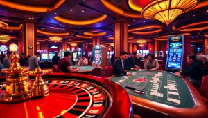 Experience the excitement of OPEN88 COM with players at casino tables and vibrant slot machines.